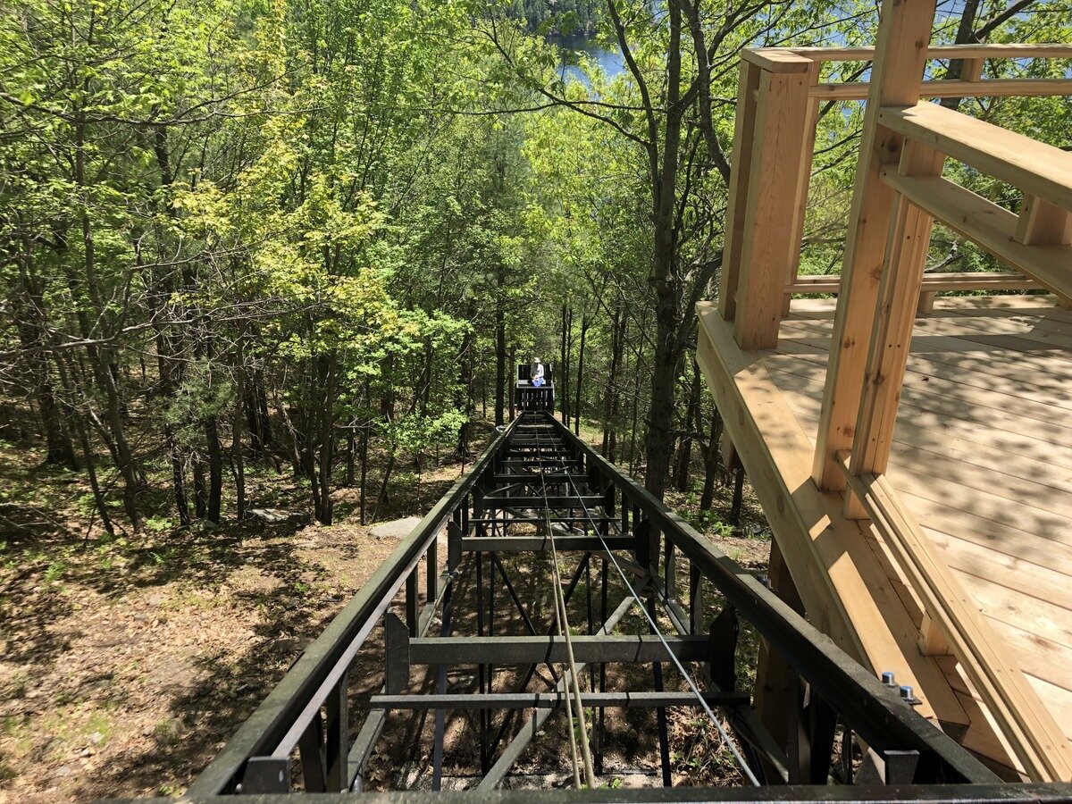 Looking down the track, the car misses trees on each side by less than 12 inches. Minimizing tree removal is always one of our design goals.
