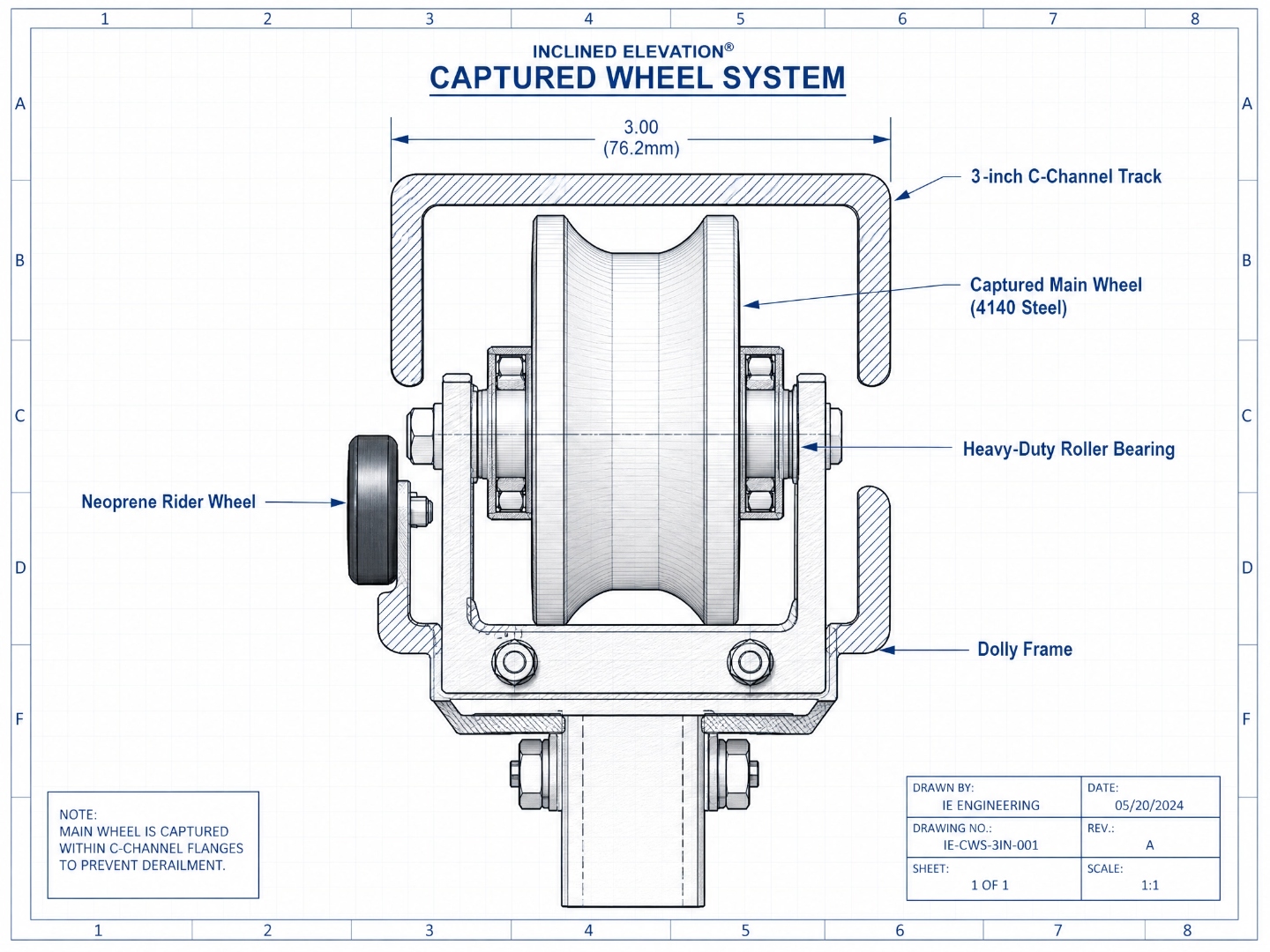 Captured wheel system technical drawing