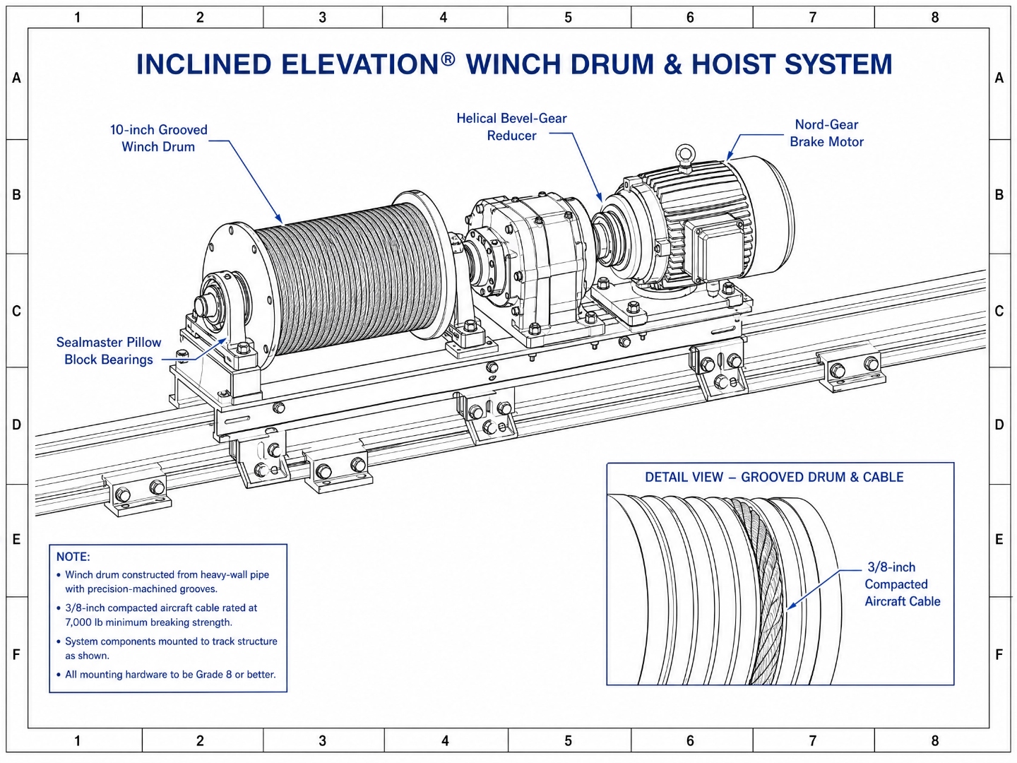 Winch drum and hoist system technical drawing